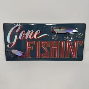 Brand New - "Gone Fishing" Tin Wall Door Sign Decor Fish Hook Bait 10 1/2" x 5"